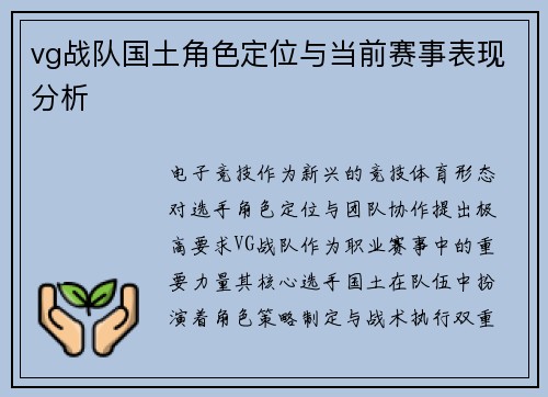 vg战队国土角色定位与当前赛事表现分析